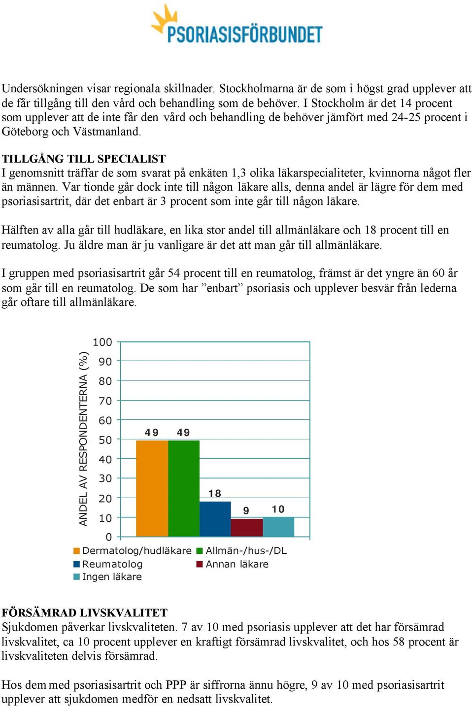 TILLGÅNG TILL SPECIALIST I genomsnitt träffar de som svarat på enkäten 1,3 olika läkarspecialiteter, kvinnorna något fler än männen.