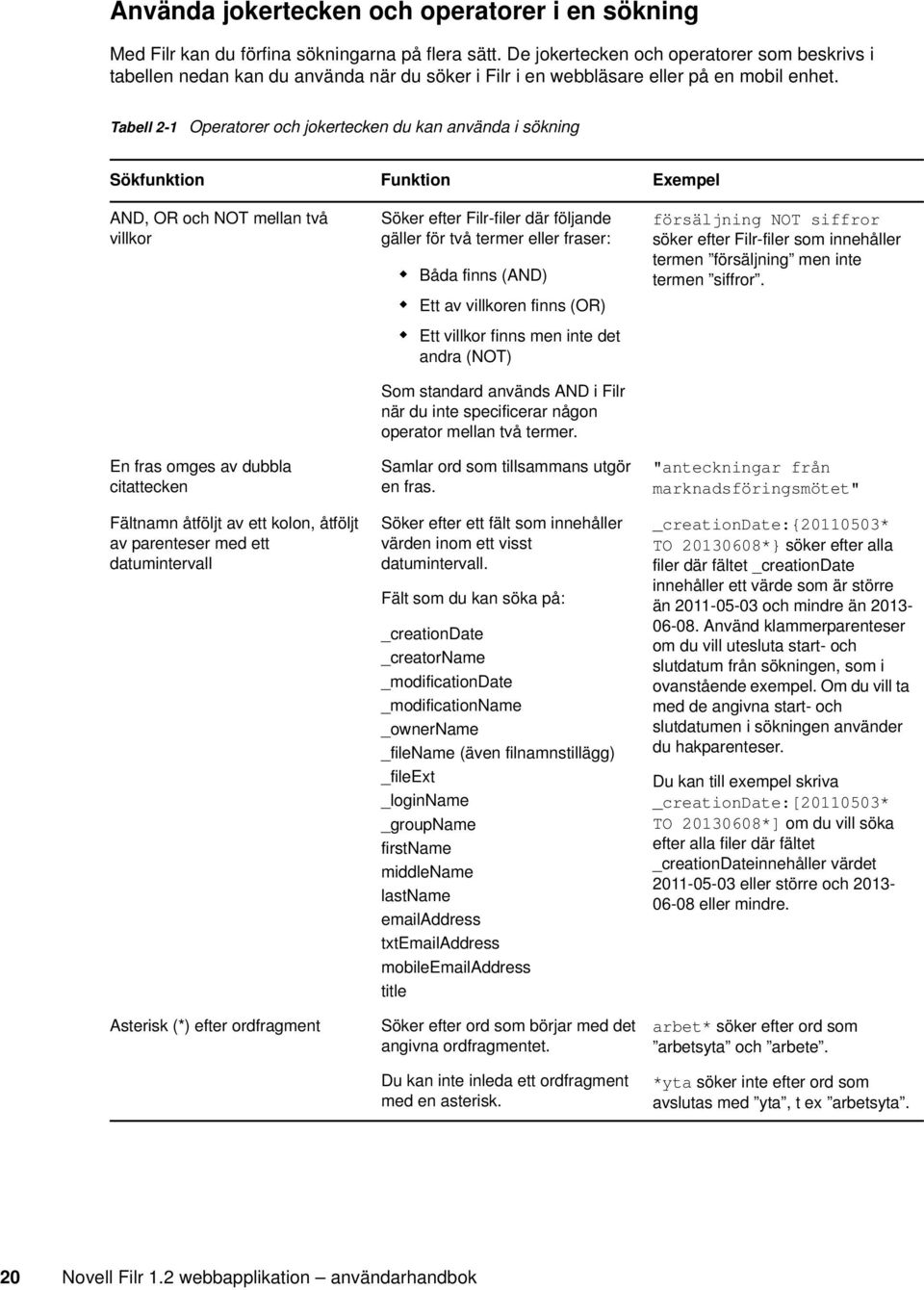 Tabell 2-1 Operatorer och jokertecken du kan använda i sökning Sökfunktion Funktion Exempel AND, OR och NOT mellan två villkor En fras omges av dubbla citattecken Fältnamn åtföljt av ett kolon,