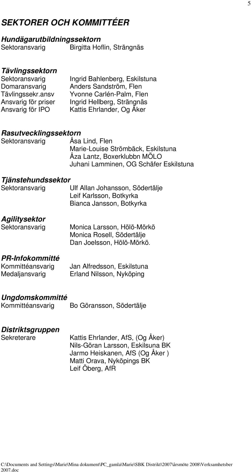 Sektoransvarig Åsa Lind, Flen Marie-Louise Strömbäck, Eskilstuna Åza Lantz, Boxerklubbn MÖLO Juhani Lamminen, OG Schäfer Eskilstuna Tjänstehundssektor Sektoransvarig Ulf Allan Johansson, Södertälje