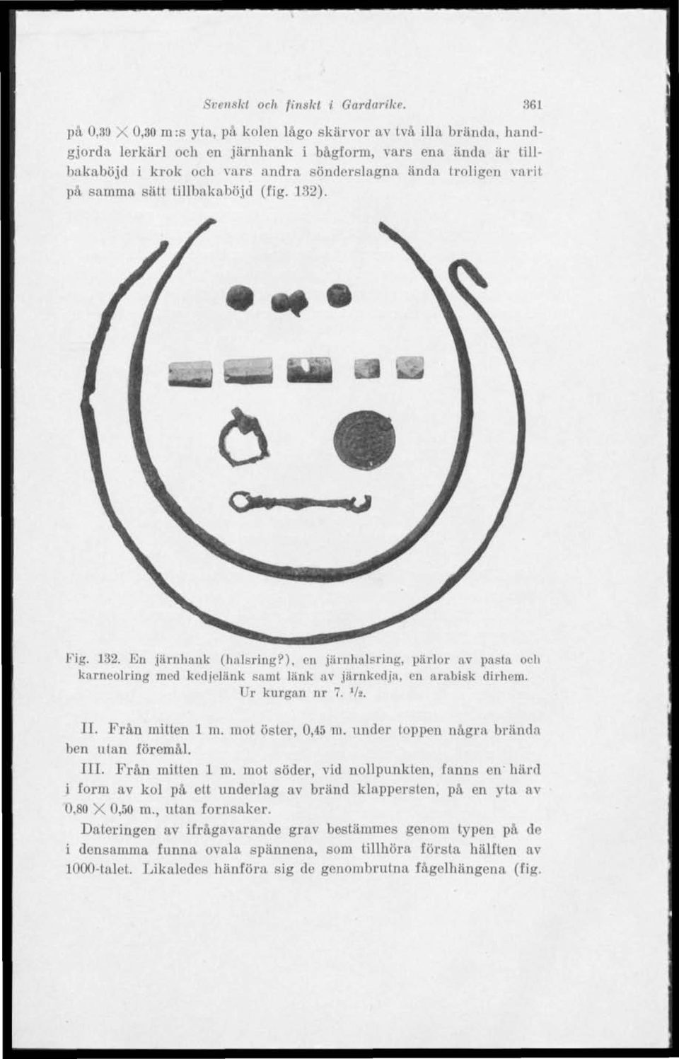 samma, sätt tillbakaböjd (fig. 132). Fig. 132. En järnhank (halsring?), en järnhalsring, pärlor av pasta ocl karneolring mod kodjelänk samt länk av järnkedja, en arabisk dirhem. Ur kurgan nr 7. Vs.