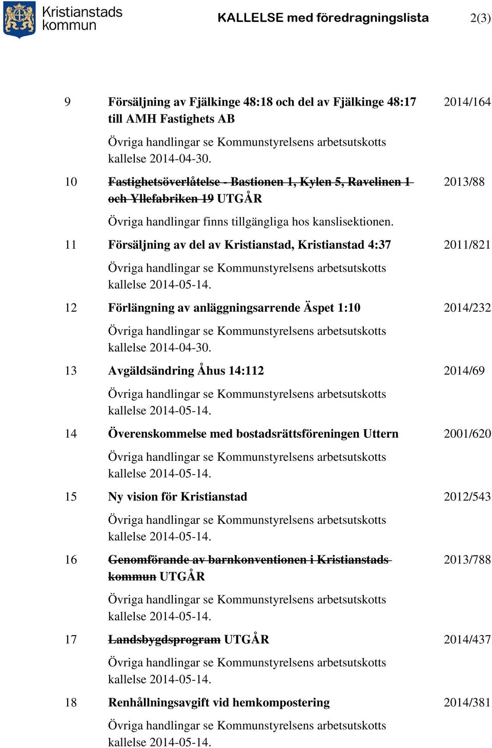 11 Försäljning av del av Kristianstad, Kristianstad 4:37 Övriga handlingar se Kommunstyrelsens arbetsutskotts kallelse 2014-05-14.