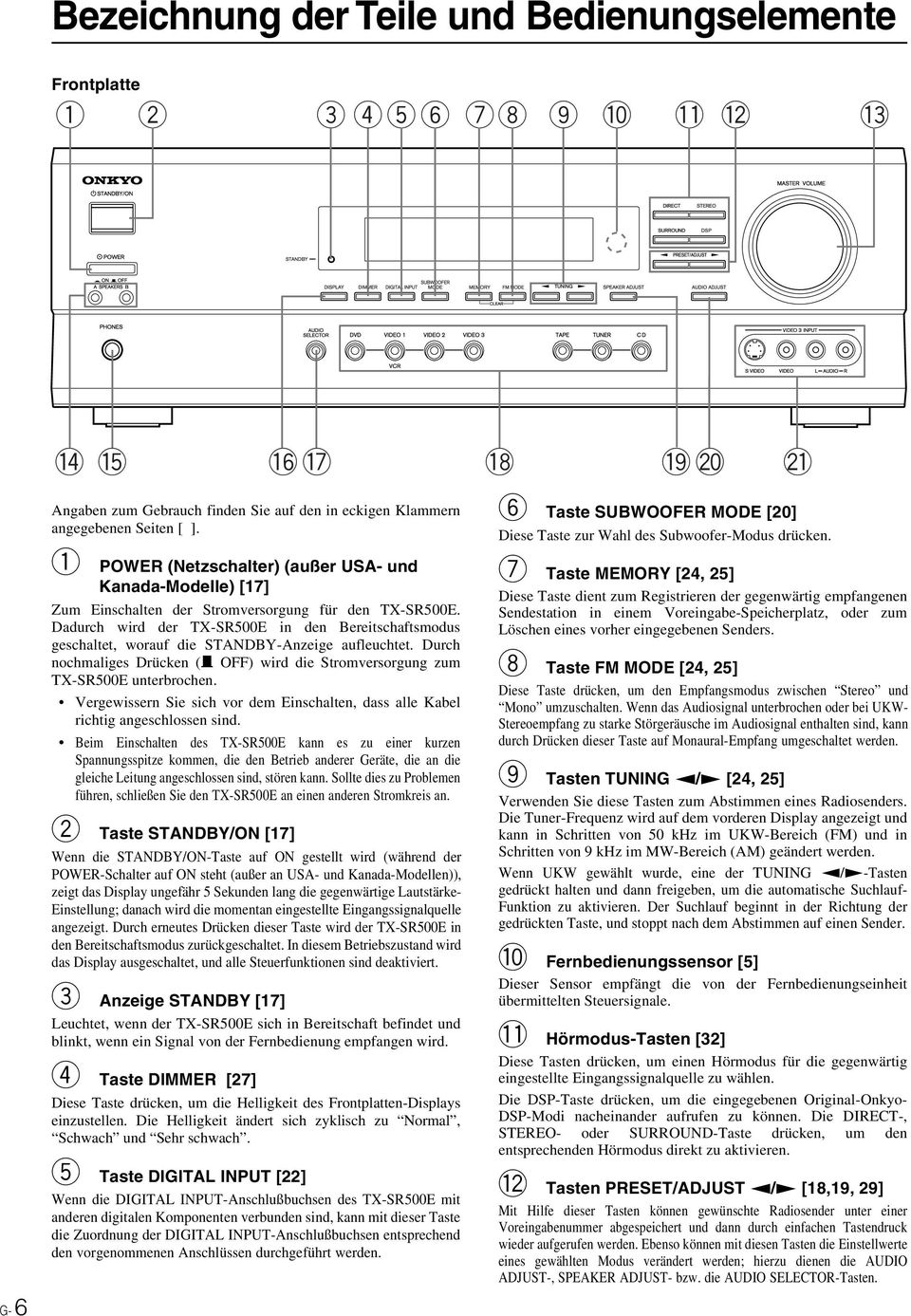 Dadurch wird der TX-S500E in den Bereitschaftsmodus geschaltet, worauf die STANDBY-Anzeige aufleuchtet. Durch nochmaliges Drücken ( OFF) wird die Stromversorgung zum TX-S500E unterbrochen.