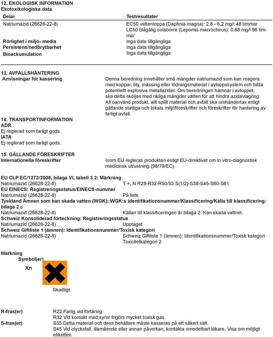 TRANSPORTINFORMATION ADR Ej reglerad som farligt gods. IATA Ej reglerad som farligt gods. 15.