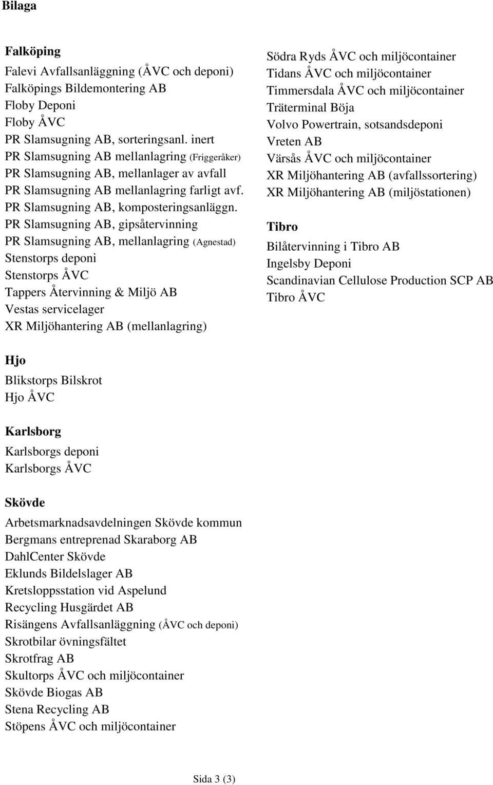 PR Slamsugning AB, gipsåtervinning PR Slamsugning AB, mellanlagring (Agnestad) Stenstorps deponi Stenstorps ÅVC Tappers Återvinning & Miljö AB Vestas servicelager XR Miljöhantering AB (mellanlagring)