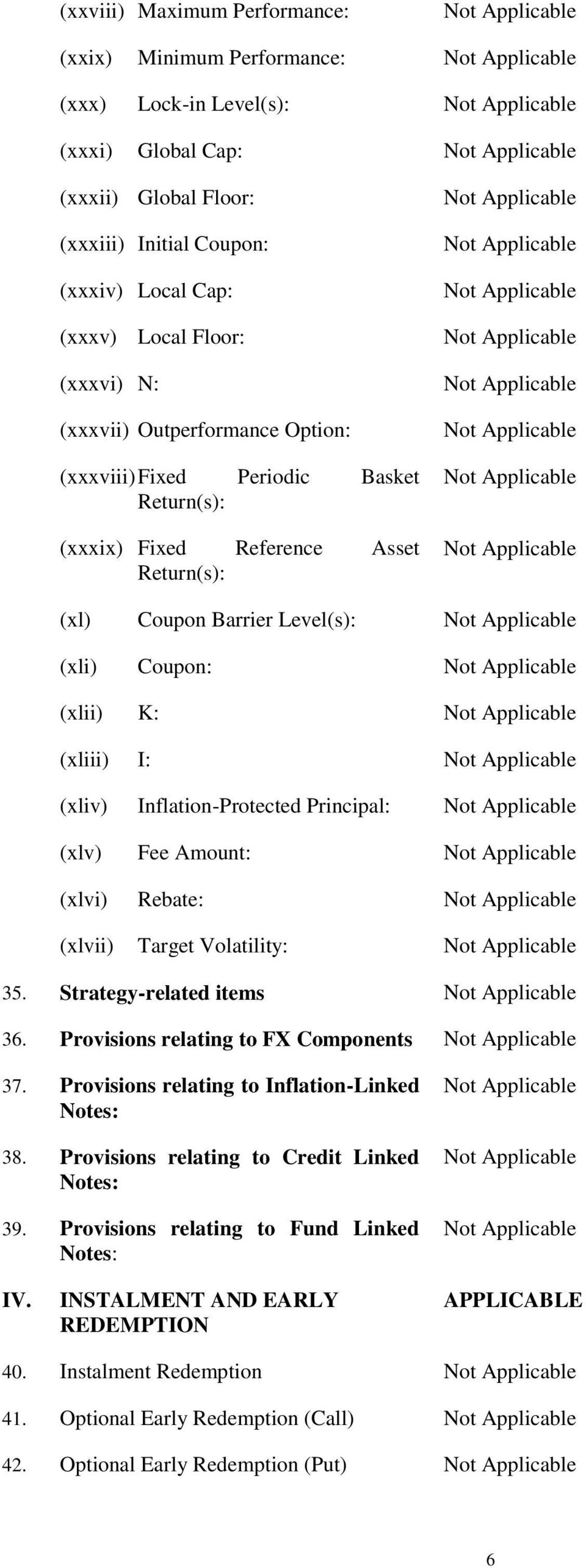 Inflation-Protected Principal: (xlv) Fee Amount: (xlvi) Rebate: (xlvii) Target Volatility: 35. Strategy-related items 36. Provisions relating to FX Components 37.