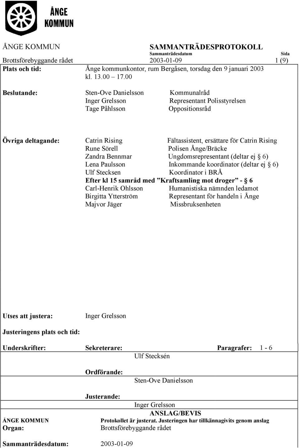 Rune Sörell Polisen Ånge/Bräcke Zandra Bennmar Ungdomsrepresentant (deltar ej 6) Lena Paulsson Inkommande koordinator (deltar ej 6) Ulf Stecksen Koordinator i BRÅ Efter kl 15 samråd med Kraftsamling