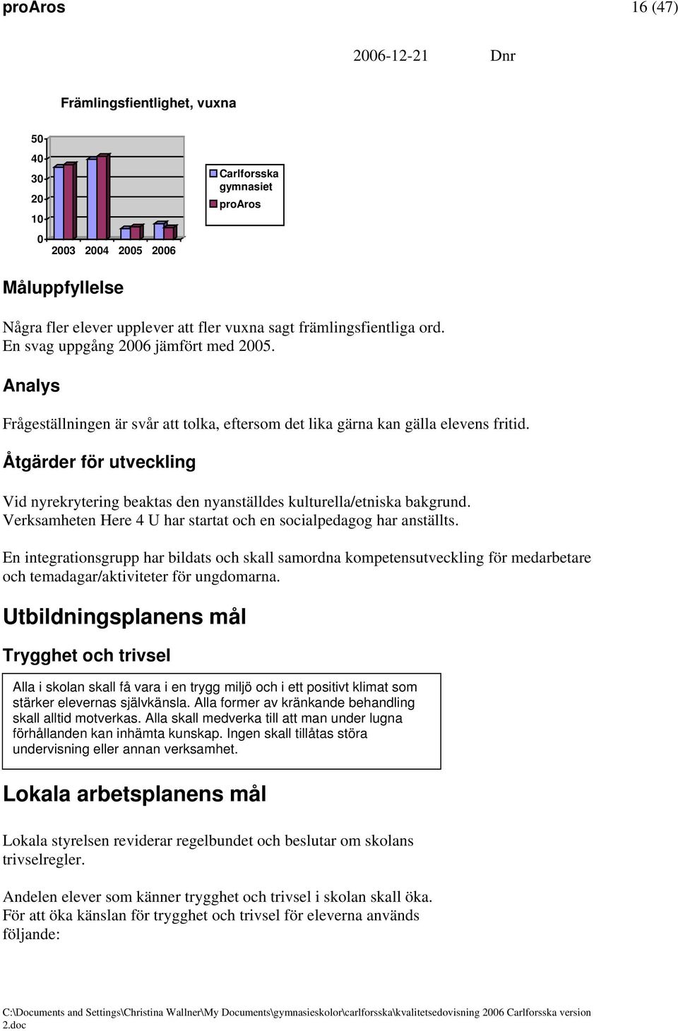 Åtgärder för utveckling Vid nyrekrytering beaktas den nyanställdes kulturella/etniska bakgrund. Verksamheten Here 4 U har startat och en socialpedagog har anställts.