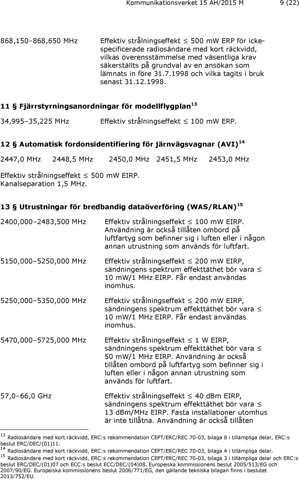 12 Automatisk fordonsidentifiering för järnvägsvagnar (AVI) 14 2447,0 MHz 2448,5 MHz 2450,0 MHz 2451,5 MHz 2453,0 MHz Effektiv strålningseffekt 500 mw EIRP. Kanalseparation 1,5 MHz.