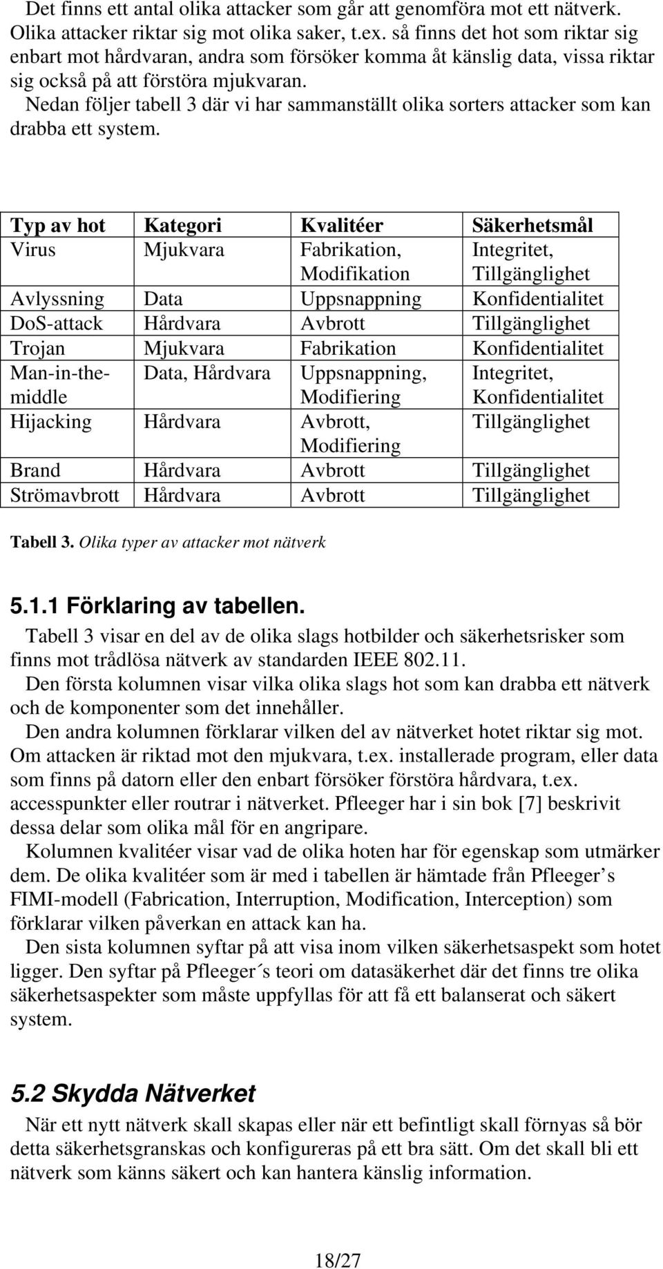 Nedan följer tabell 3 där vi har sammanställt olika sorters attacker som kan drabba ett system.