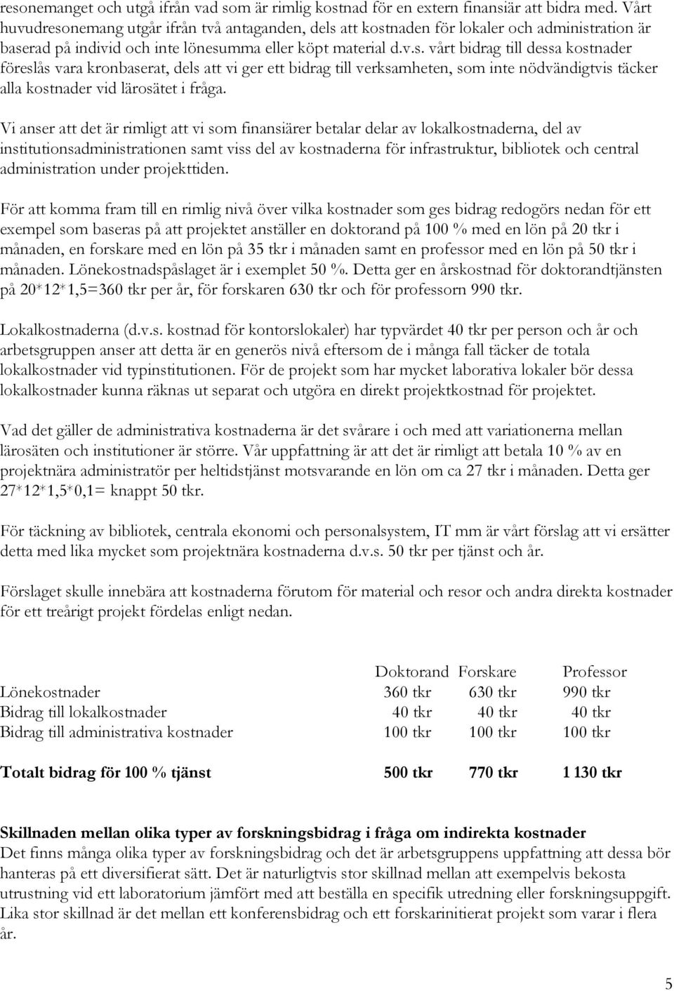 Vi anser att det är rimligt att vi som finansiärer betalar delar av lokalkostnaderna, del av institutionsadministrationen samt viss del av kostnaderna för infrastruktur, bibliotek och central