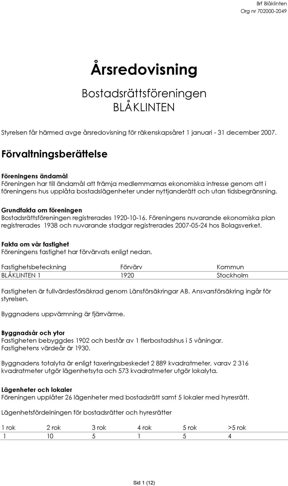 tidsbegränsning. Grundfakta om föreningen Bostadsrättsföreningen registrerades 1920-10-16.