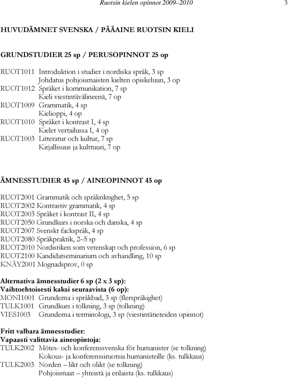 RUOT1003 Litteratur och kultur, 7 sp Kirjallisuus ja kulttuuri, 7 op ÄMNESSTUDIER 45 sp / AINEOPINNOT 45 op RUOT2001 Grammatik och språkriktighet, 5 sp RUOT2002 Kontrastiv grammatik, 4 sp RUOT2003