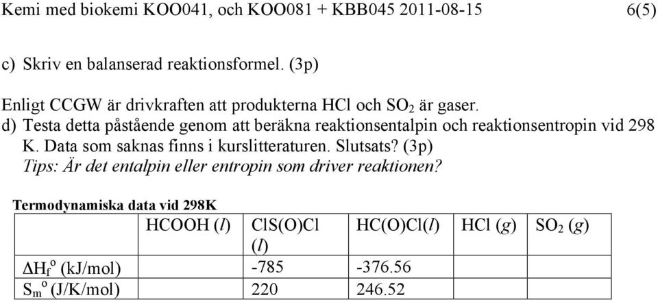 d) Testa detta påstående genm att beräkna reaktinsentalpin ch reaktinsentrpin vid 298 K.