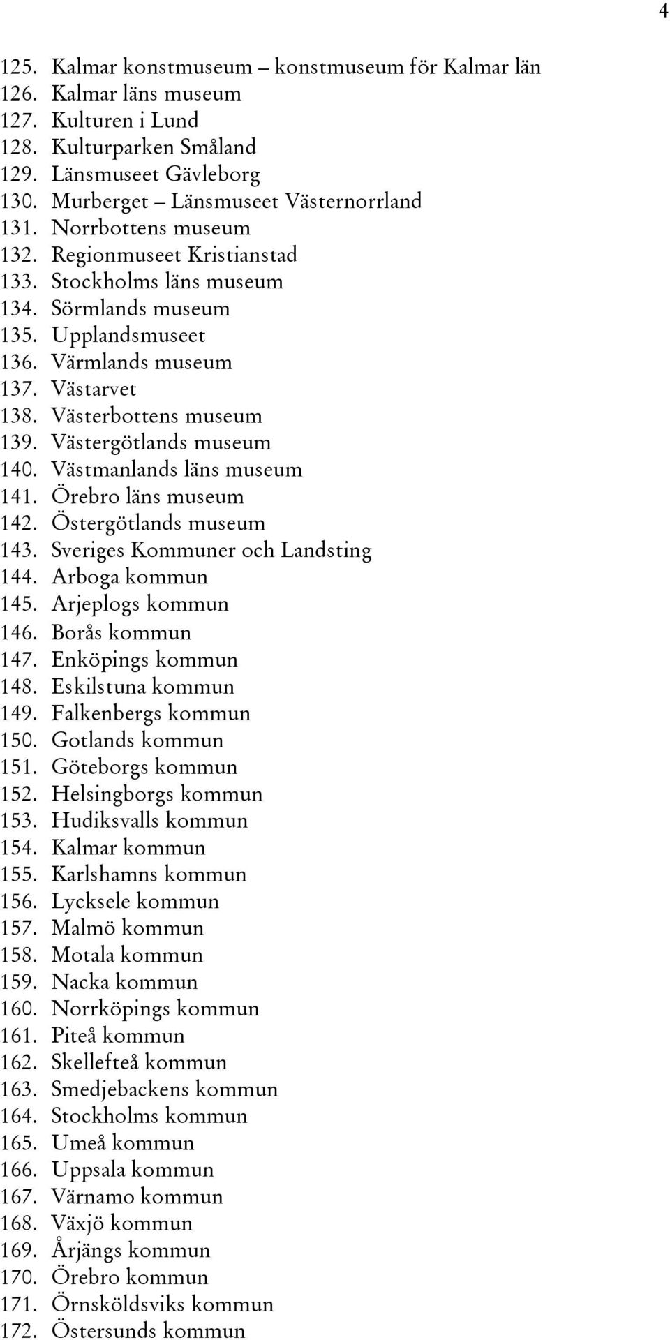 Västergötlands museum 140. Västmanlands läns museum 141. Örebro läns museum 142. Östergötlands museum 143. Sveriges Kommuner och Landsting 144. Arboga kommun 145. Arjeplogs kommun 146.