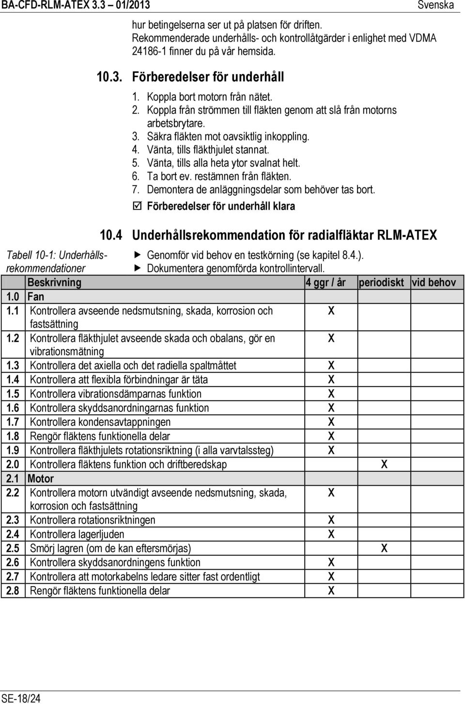 Vänta, tills alla heta ytor svalnat helt. 6. Ta bort ev. restämnen från fläkten. 7. Demontera de anläggningsdelar som behöver tas bort. Förberedelser för underhåll klara 10.