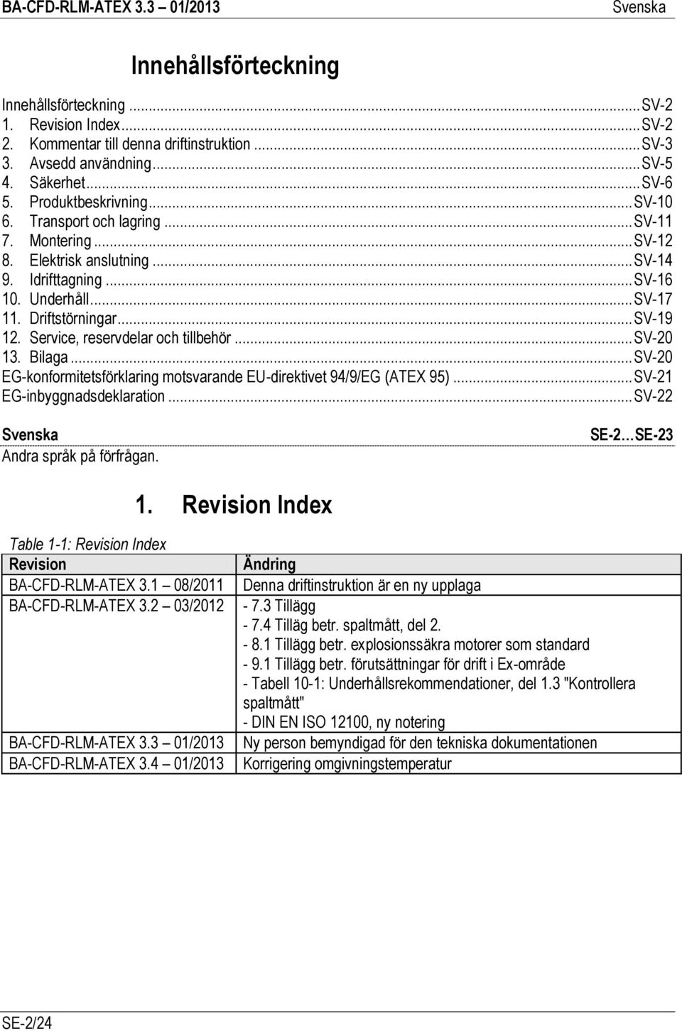 Service, reservdelar och tillbehör... SV-20 13. Bilaga... SV-20 EG-konformitetsförklaring motsvarande EU-direktivet 94/9/EG (ATEX 95)... SV-21 EG-inbyggnadsdeklaration... SV-22 Andra språk på förfrågan.