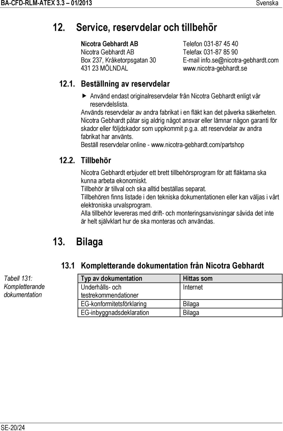 Används reservdelar av andra fabrikat i en fläkt kan det påverka säkerheten. Nicotra Gebhardt påtar sig aldrig något ansvar eller lämnar någon garanti för skador eller följdskador som uppkommit p.g.a. att reservdelar av andra fabrikat har använts.