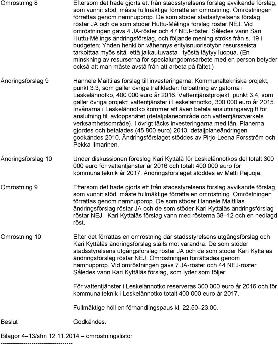 Således vann Sari Huttu-Mélings ändringsförslag, och följande mening ströks från s.