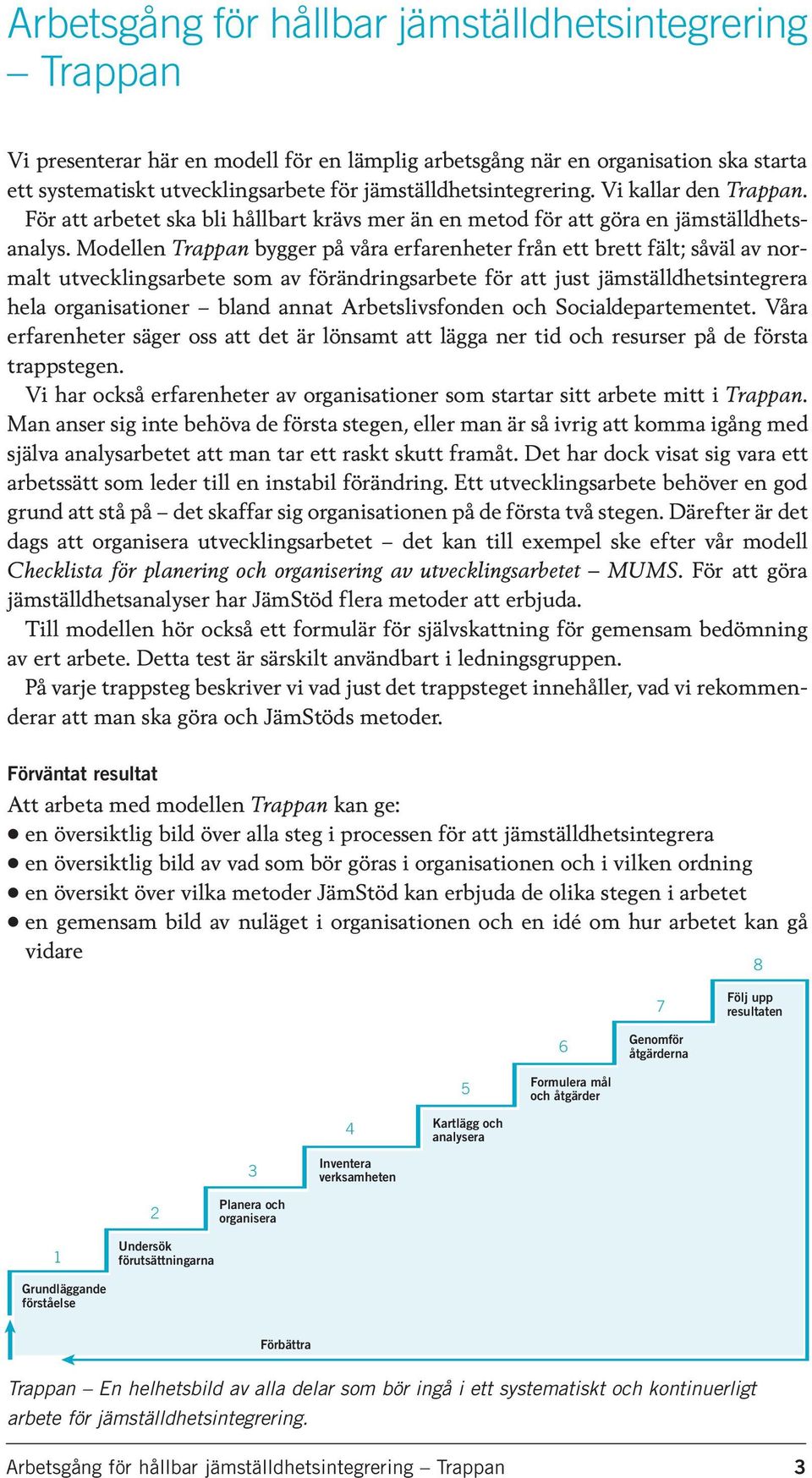 Modellen Trappan bygger på våra erfarenheter från ett brett fält; såväl av normalt utvecklingsarbete som av förändringsarbete för att just jämställdhetsintegrera hela organisationer bland annat