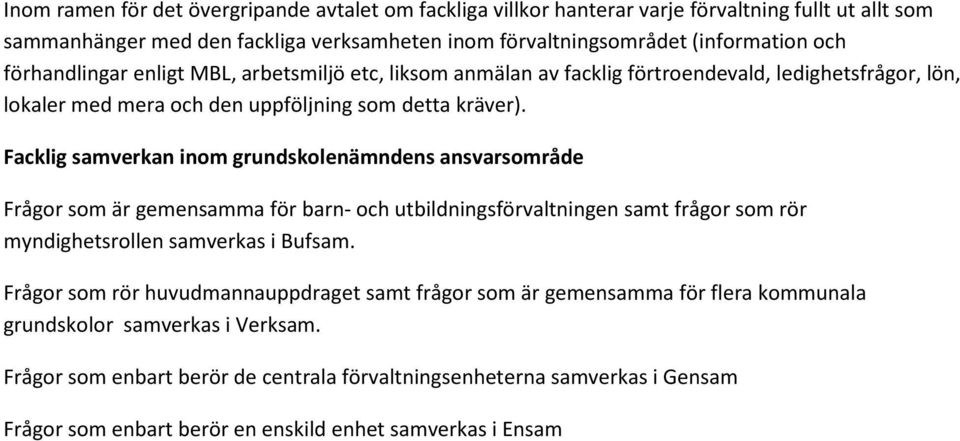 Facklig samverkan inom grundskolenämndens ansvarsområde Frågor som är gemensamma för barn- och utbildningsförvaltningen samt frågor som rör myndighetsrollen samverkas i Bufsam.