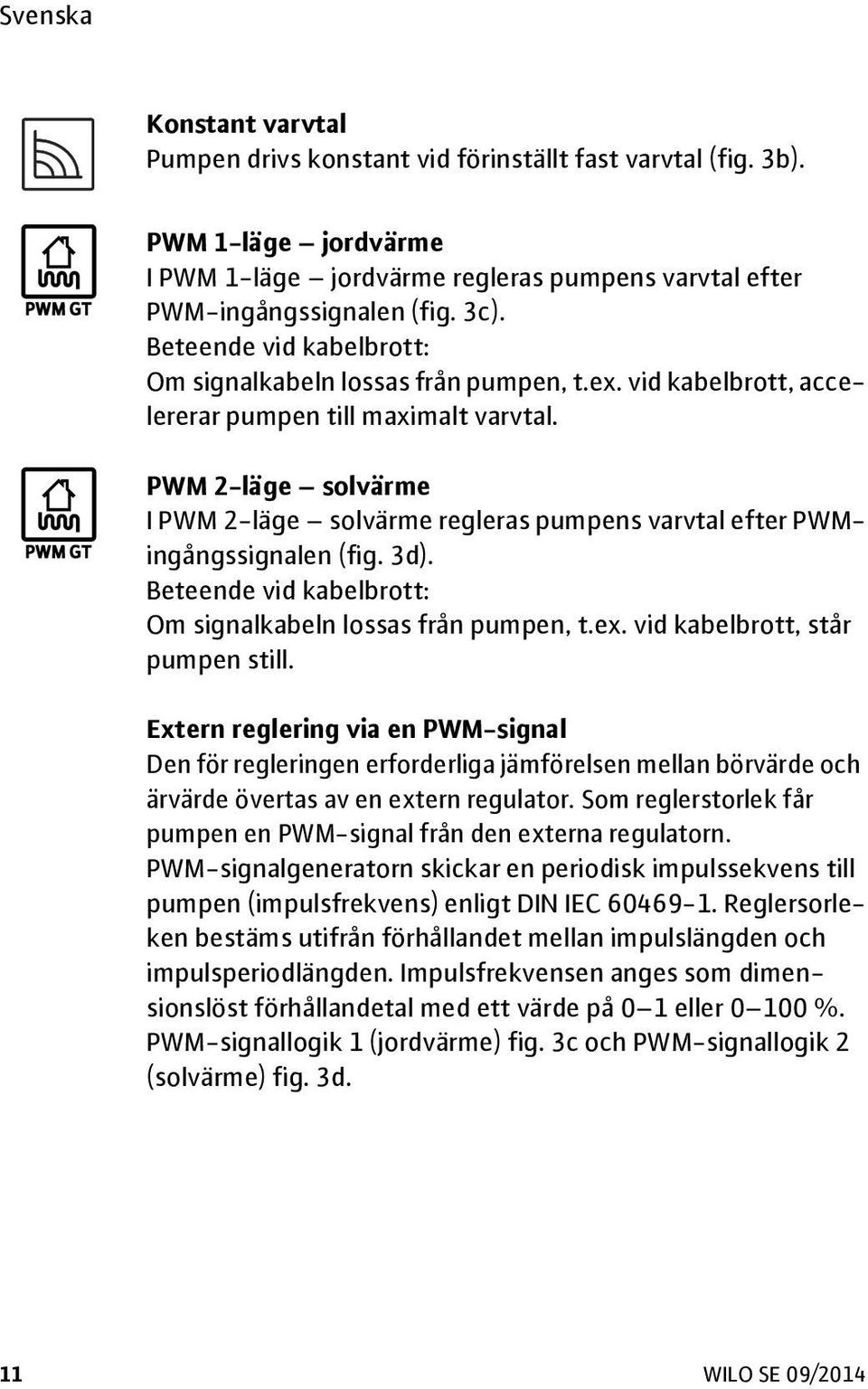 PWM 2-läge solvärme I PWM 2-läge solvärme regleras pumpens varvtal efter PWMingångssignalen (fig. 3d). Beteende vid kabelbrott: Om signalkabeln lossas från pumpen, t.ex.