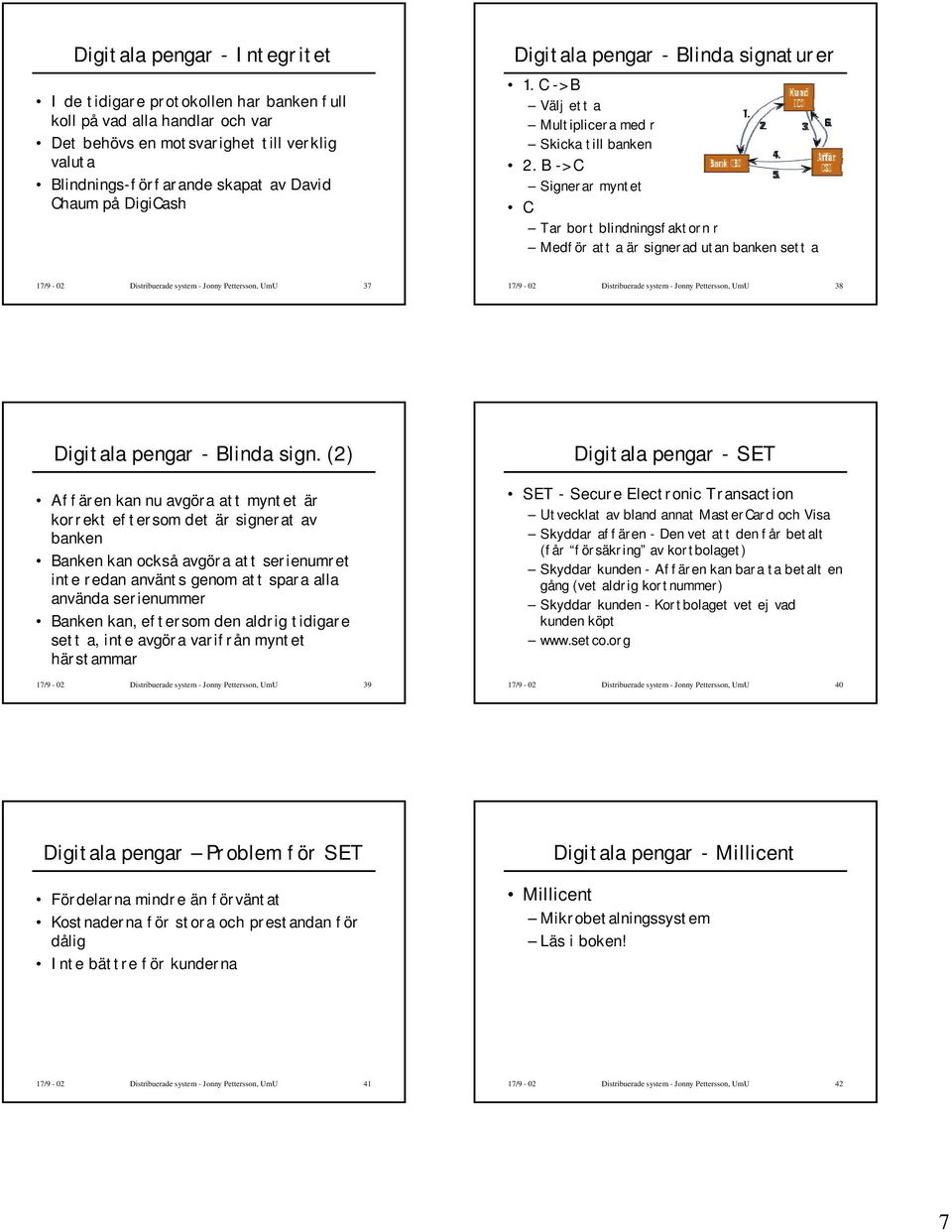 B -> C Signerar myntet C Tar bort blindningsfaktorn r Medför att a är signerad utan banken sett a 17/9-02 Distribuerade system - Jonny Pettersson, UmU 37 17/9-02 Distribuerade system - Jonny