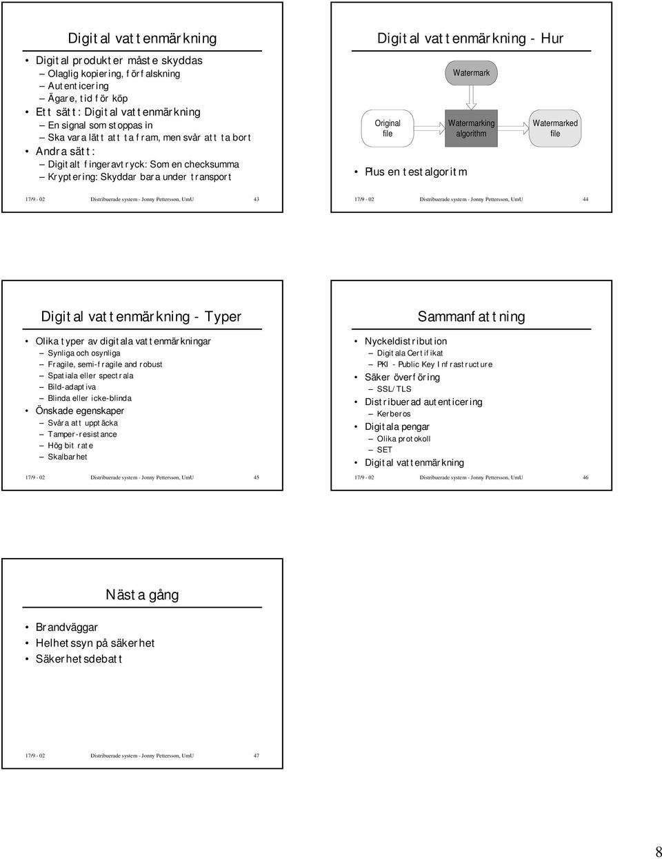 Watermarking algorithm Watermarked file 17/9-02 Distribuerade system - Jonny Pettersson, UmU 43 17/9-02 Distribuerade system - Jonny Pettersson, UmU 44 Digital vattenmärkning - Typer Olika typer av