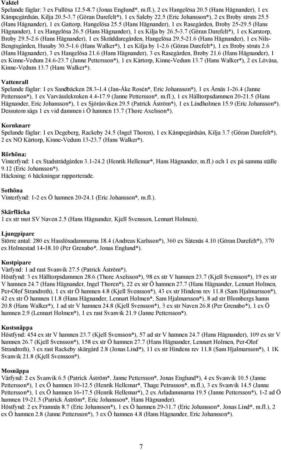 5 (Hans Hägnander), 1 ex Kilja by 26.5-3.7 (Göran Darefelt*), 1 ex Karstorp, Broby 29.5-2.6 (Hans Hägnander), 1 ex Skräddaregården, Hangelösa 29.5-21.