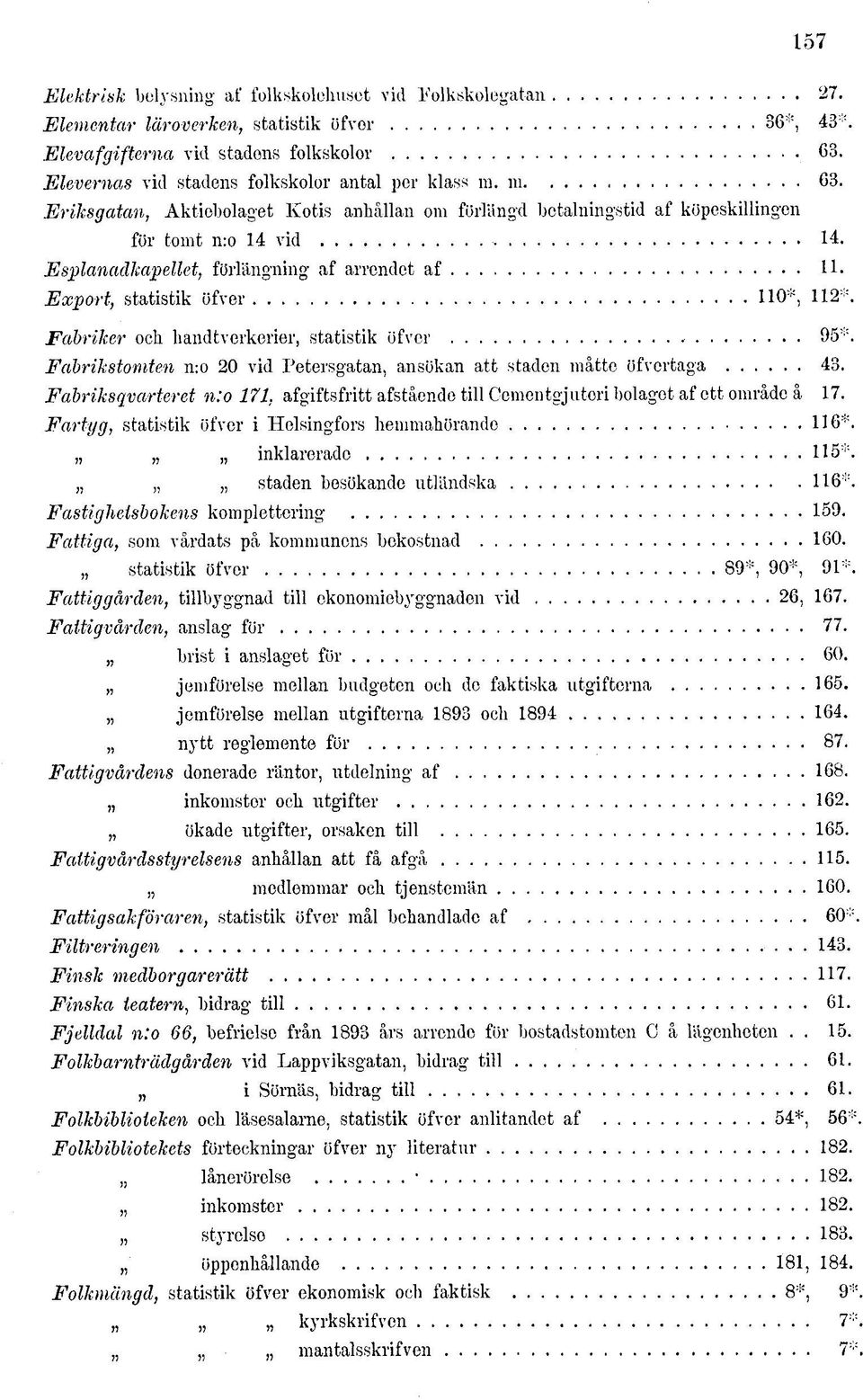 vid. 14. Esplanadkapellet, förlängning af arrendet af 11. Export, statistik öfver 110*, 112*. Fabriker och handtverkerier, statistik öfver 95*.