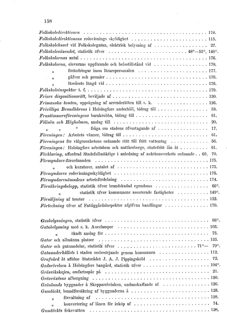 gåfvor och premier 178. läseårets längd vid 176. Folkskoleinspektor t. f. v 179. Friare dispositionsrätt, beviljade af 130. Frimanska tomten, uppsägning af arrenderätten till s. k.. 126.