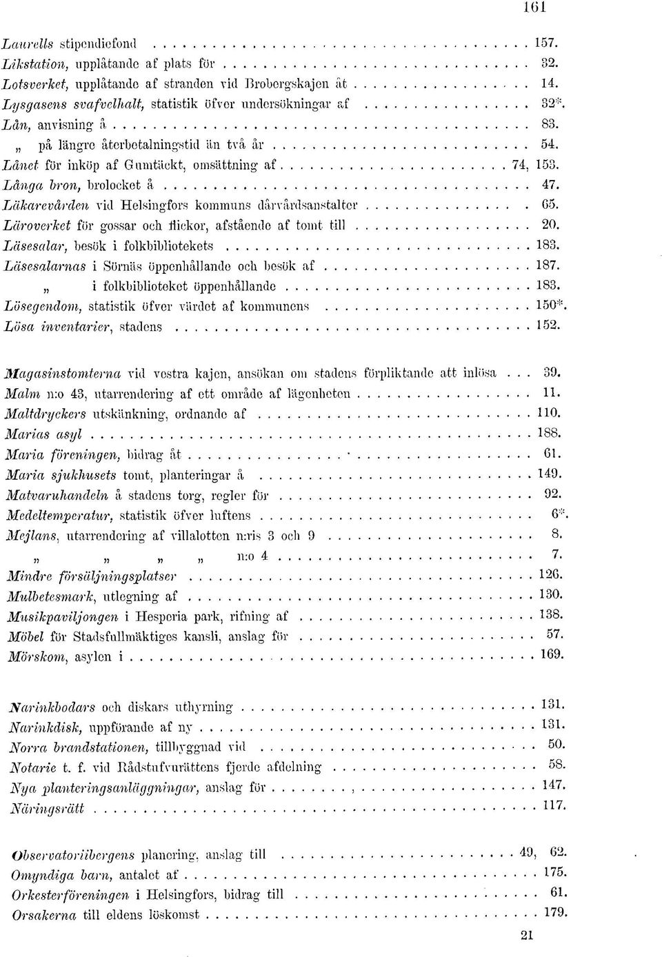 Läkarevår åen vid Helsingfors kommuns dår vårdsan stal ter G5. Läroverket för gossar och Hickor, afstående af tomt till 20. Läsesalar, besök i folkbibliotekets 183.