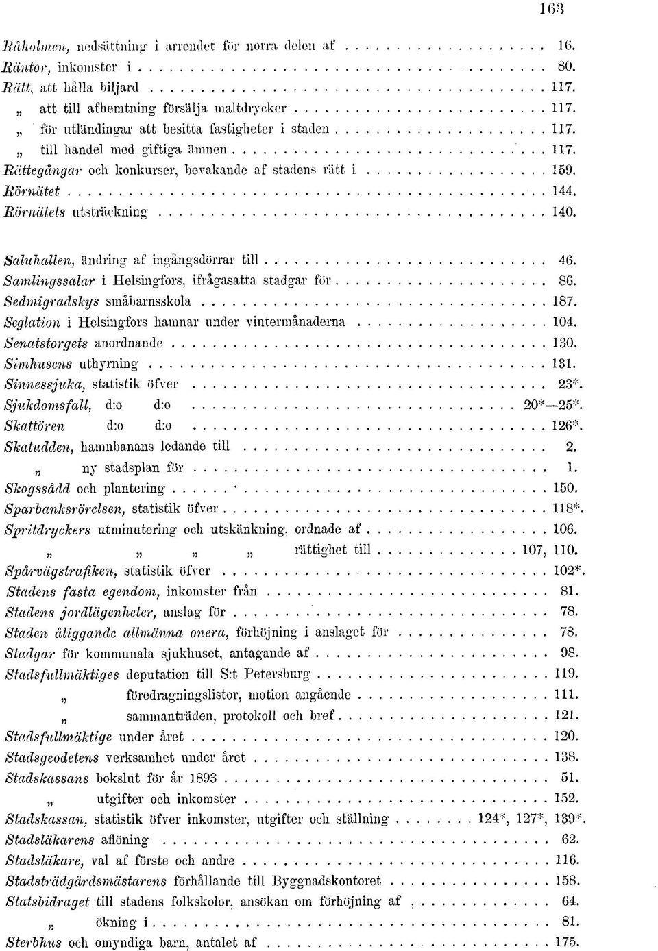 Saluhallen, ändring af ingångsdörrar till 46. Samlingssalar i Helsingfors, ifrågasatta stadgar för 86. Sedmigradskys småbarnsskola 187. Seglation i Helsingfors hamnar under vintermånaderna 104.