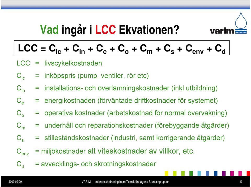 kostnader (arbetskostnad för normal övervakning) C m = underhåll och reparationskostnader (förebyggande åtgärder) C s = stilleståndskostnader