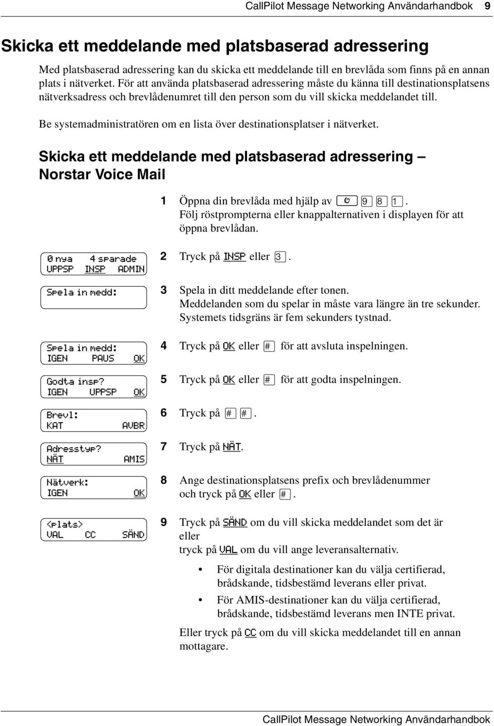 Be systemadministratören om en lista över destinationsplatser i nätverket. Skicka ett meddelande med platsbaserad adressering Norstar Voice Mail 1 Öppna din brevlåda med hjälp av.