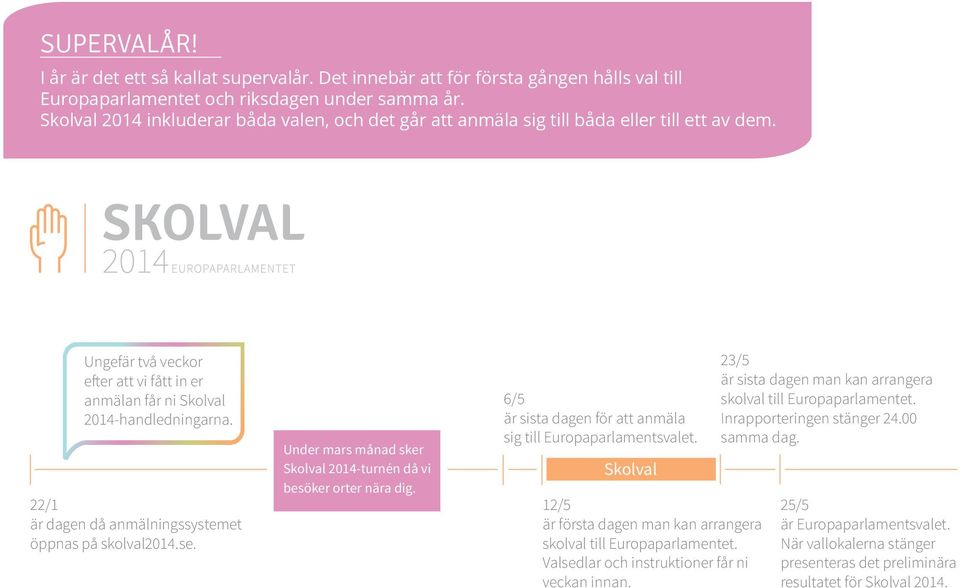 22/1 är dagen då anmälningssystemet öppnas på skolval2014.se. Under mars månad sker Skolval 2014-turnén då vi besöker orter nära dig. 6/5 är sista dagen för att anmäla sig till Europaparlamentsvalet.