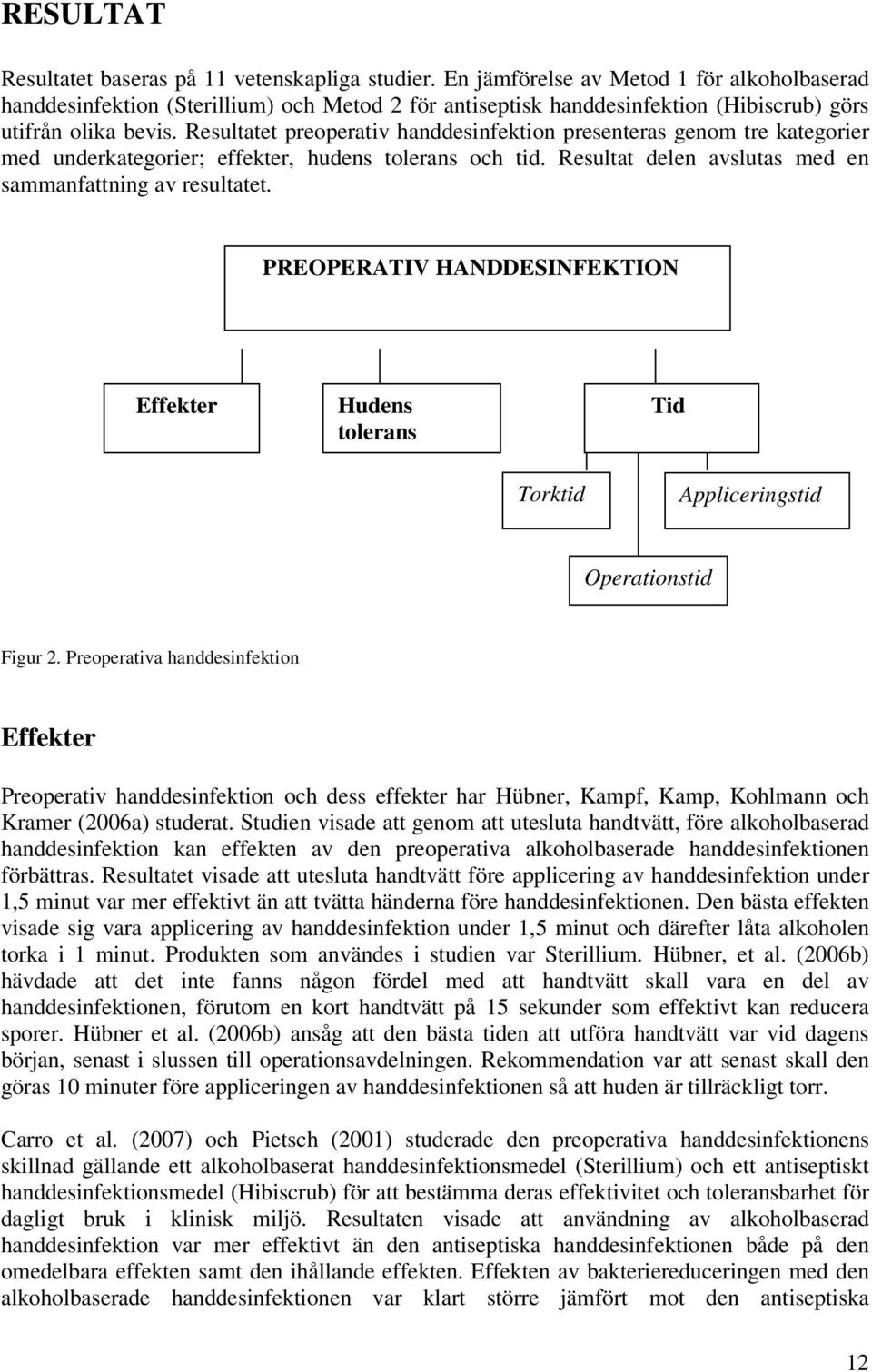 Resultatet preoperativ handdesinfektion presenteras genom tre kategorier med underkategorier; effekter, hudens tolerans och tid. Resultat delen avslutas med en sammanfattning av resultatet.