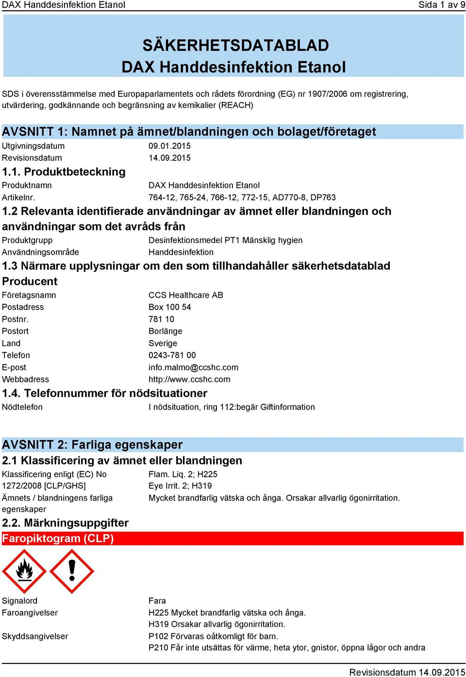 DAX Handdesinfektion Etanol 764-12, 765-24, 766-12, 772-15, AD770-8, DP763 1.