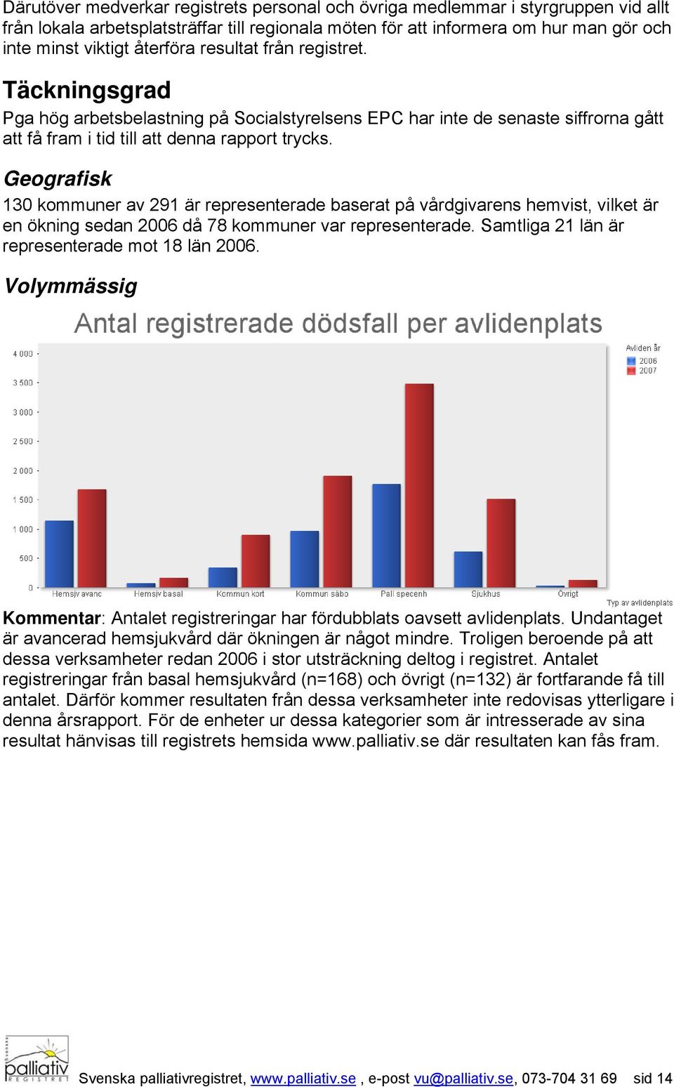 Geografisk 130 kommuner av 291 är representerade baserat på vårdgivarens hemvist, vilket är en ökning sedan 2006 då 78 kommuner var representerade. Samtliga 21 län är representerade mot 18 län 2006.