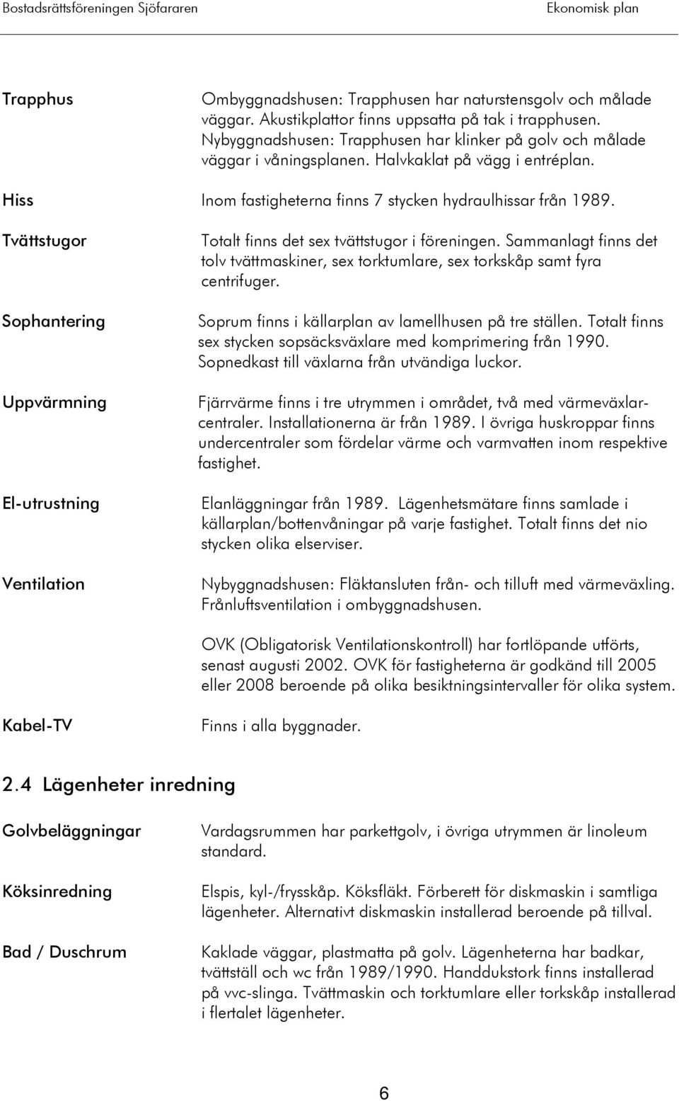 Tvättstugor Sophantering Uppvärmning El-utrustning Ventilation Totalt finns det sex tvättstugor i föreningen.