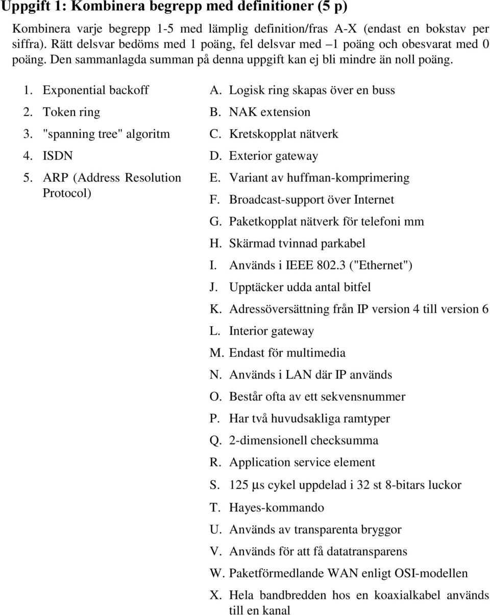 "spanning tree" algoritm 4. ISDN 5. ARP (Address Resolution Protocol) A. Logisk ring skapas över en buss B. NAK extension C. Kretskopplat nätverk D. Exterior gateway E.