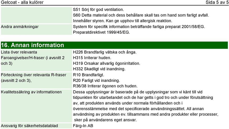 Annan information Lista över relevanta Faroangivelser/H-fraser (i avsnitt 2 och 3) Förteckning över relevanta R-fraser (avsnitt 2 och 3), Kvalitetssäkring av informationen Ansvarig för