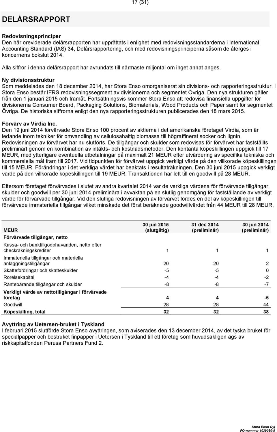 Ny divisionsstruktur Som meddelades den 18 december 2014, har Stora Enso omorganiserat sin divisions- och rapporteringsstruktur.