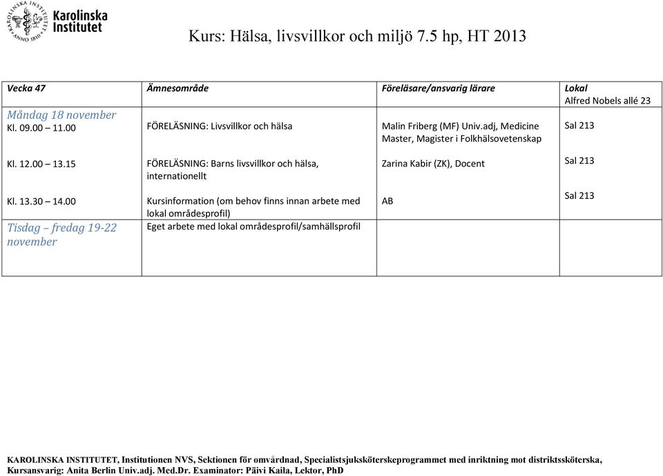 12.00 13.15 FÖRELÄSNING: Barns livsvillkor och hälsa, internationellt Zarina Kabir (ZK), Docent Kl. 13.30 14.