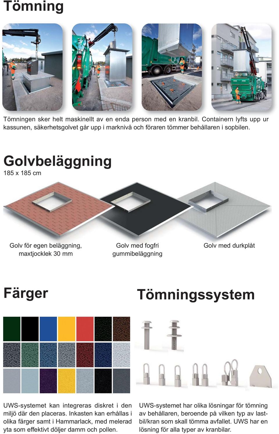 Golvbeläggning 185 x 185 cm Golv för egen beläggning, maxtjocklek 30 mm Golv med fogfri gummibeläggning Golv med durkplåt Färger Tömningssystem UWS-systemet kan