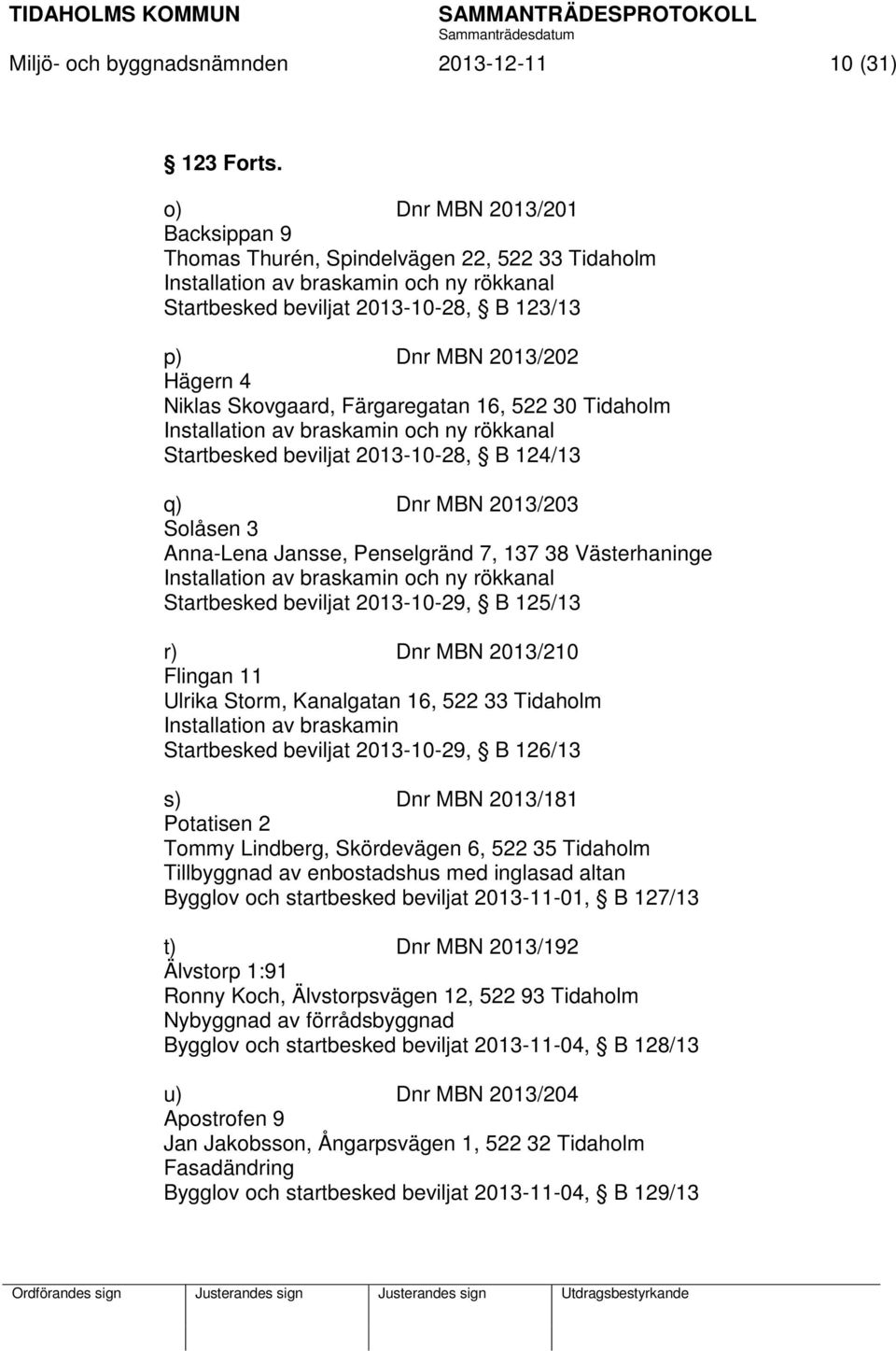 Niklas Skovgaard, Färgaregatan 16, 522 30 Tidaholm Installation av braskamin och ny rökkanal Startbesked beviljat 2013-10-28, B 124/13 q) Dnr MBN 2013/203 Solåsen 3 Anna-Lena Jansse, Penselgränd 7,