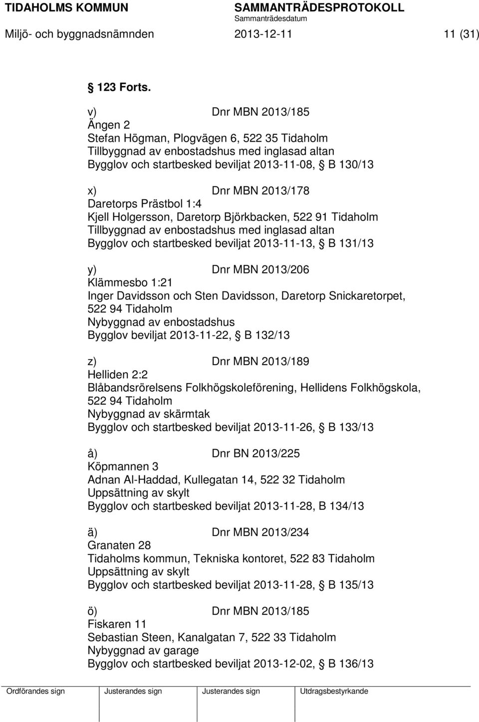 Daretorps Prästbol 1:4 Kjell Holgersson, Daretorp Björkbacken, 522 91 Tidaholm Tillbyggnad av enbostadshus med inglasad altan Bygglov och startbesked beviljat 2013-11-13, B 131/13 y) Dnr MBN 2013/206