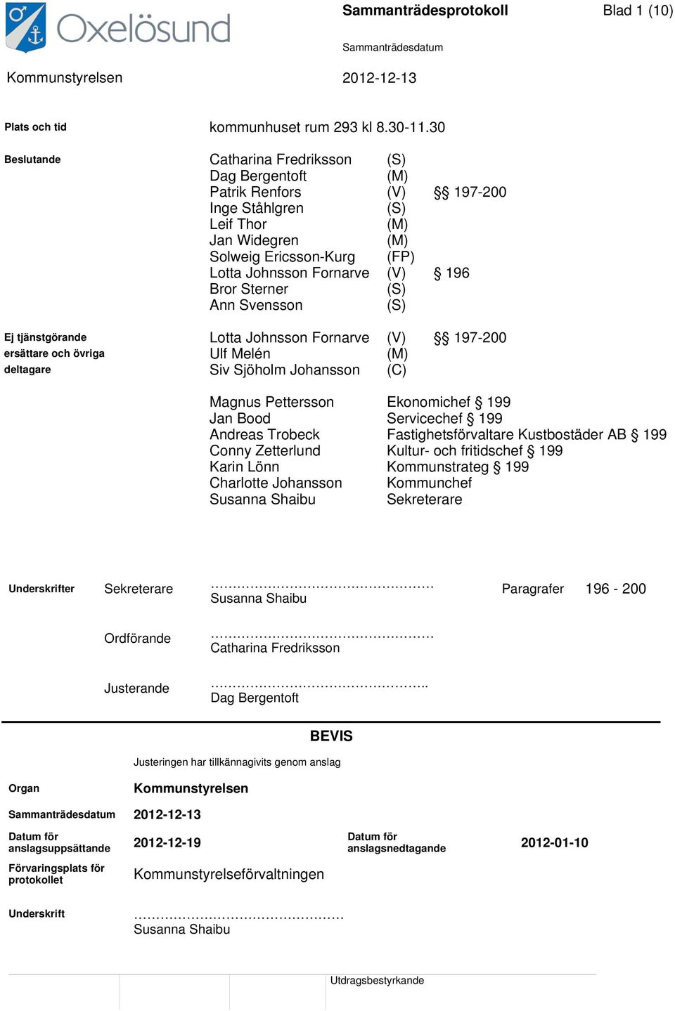 Sterner (S) Ann Svensson (S) Ej tjänstgörande Lotta Johnsson Fornarve (V) 197-200 ersättare och övriga Ulf Melén (M) deltagare Siv Sjöholm Johansson (C) Magnus Pettersson Ekonomichef 199 Jan Bood