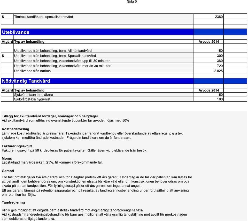 Tandvård Sjukvårdstaxa tandläkare 150 Sjukvårdstaxa hygienist 100 Tillägg för akuttandvård lördagar, söndagar och helgdagar Vid akuttandvård som utförs vid ovanstående tidpunkter får arvodet höjas