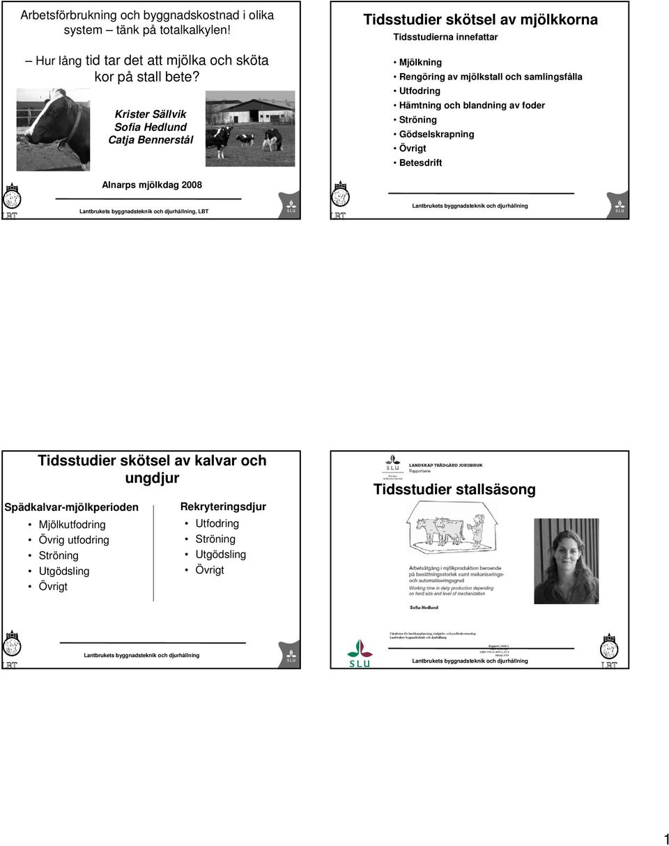 foder Ströning Gödselskrapning Övrigt Betesdrift Alnarps mjölkdag 2008 Lantbrukets byggnadsteknik och djurhållning, LBT Lantbrukets byggnadsteknik och djurhållning Tidsstudier skötsel av kalvar