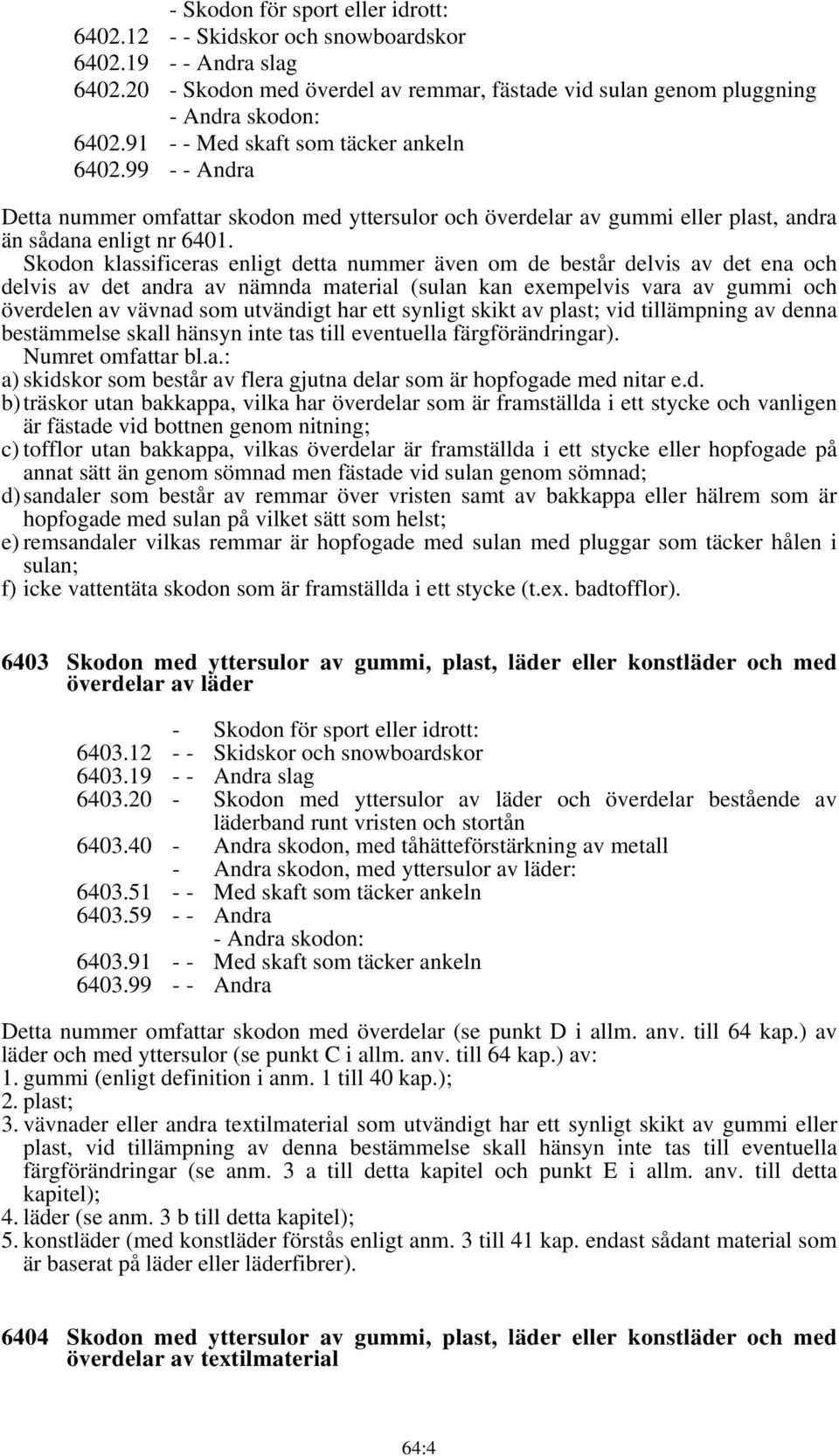 Skodon klassificeras enligt detta nummer även om de består delvis av det ena och delvis av det andra av nämnda material (sulan kan exempelvis vara av gummi och överdelen av vävnad som utvändigt har